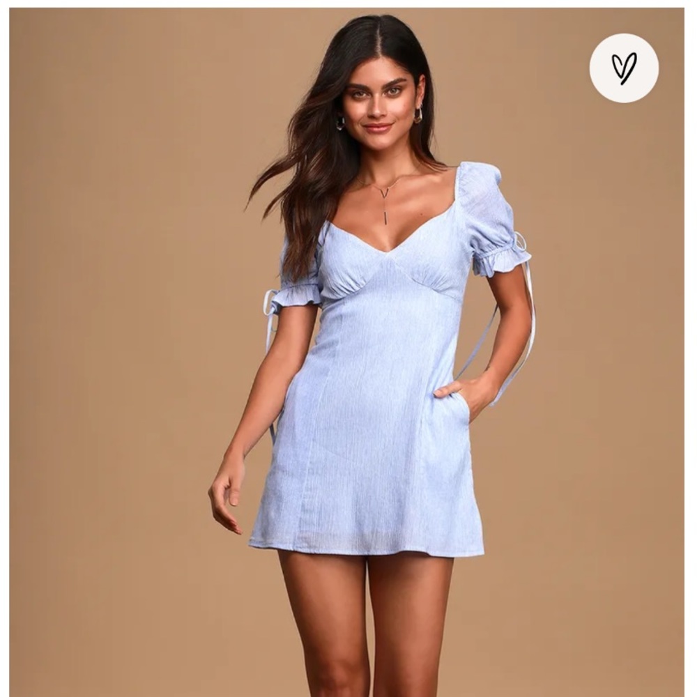 Lulus Sweet As Can Be Blue Striped Puff Sleeve Mini Dress Size XS